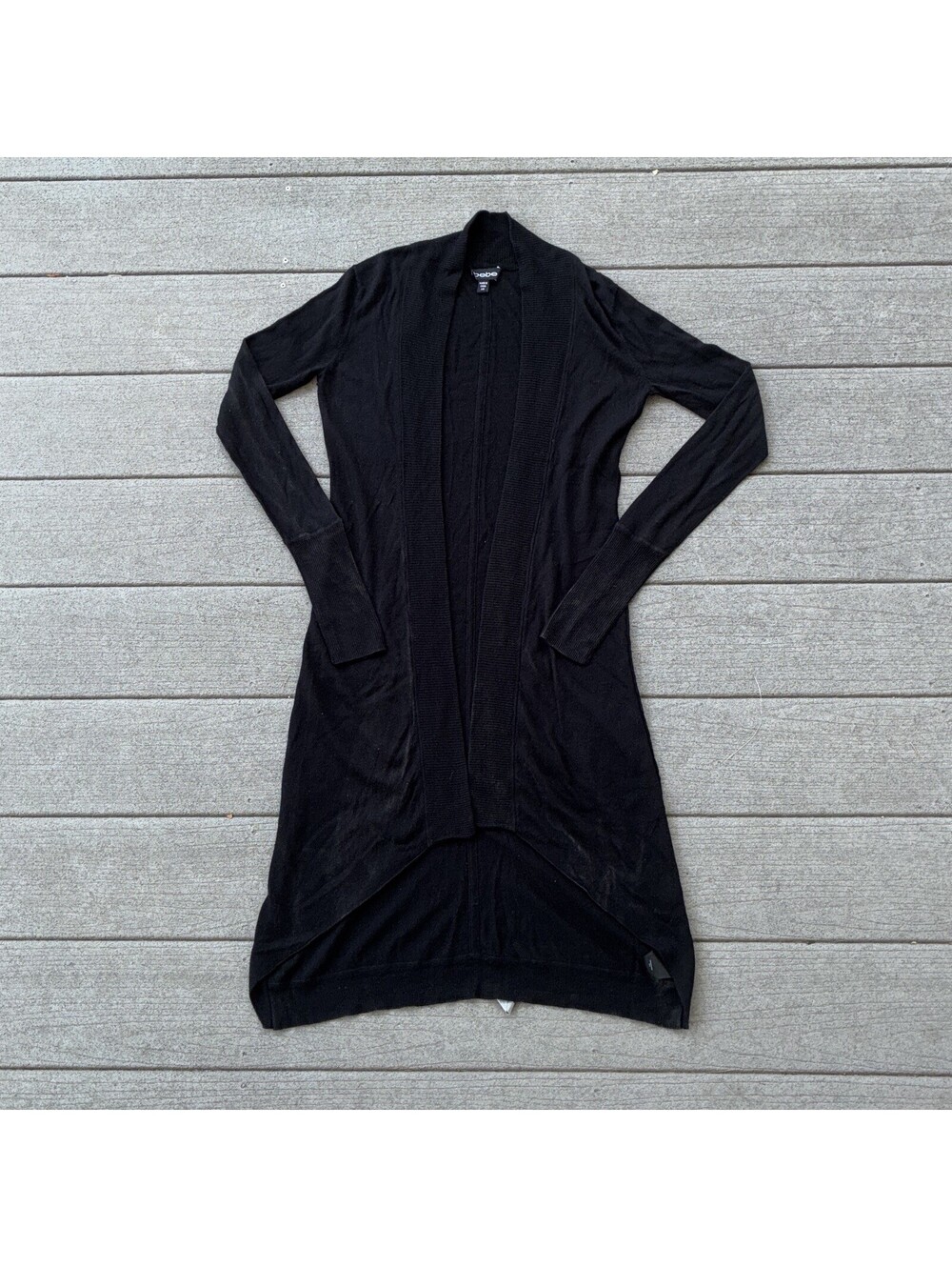 Bebe Open Front Longline CardiganSweater Womens XS Black Knit Duster